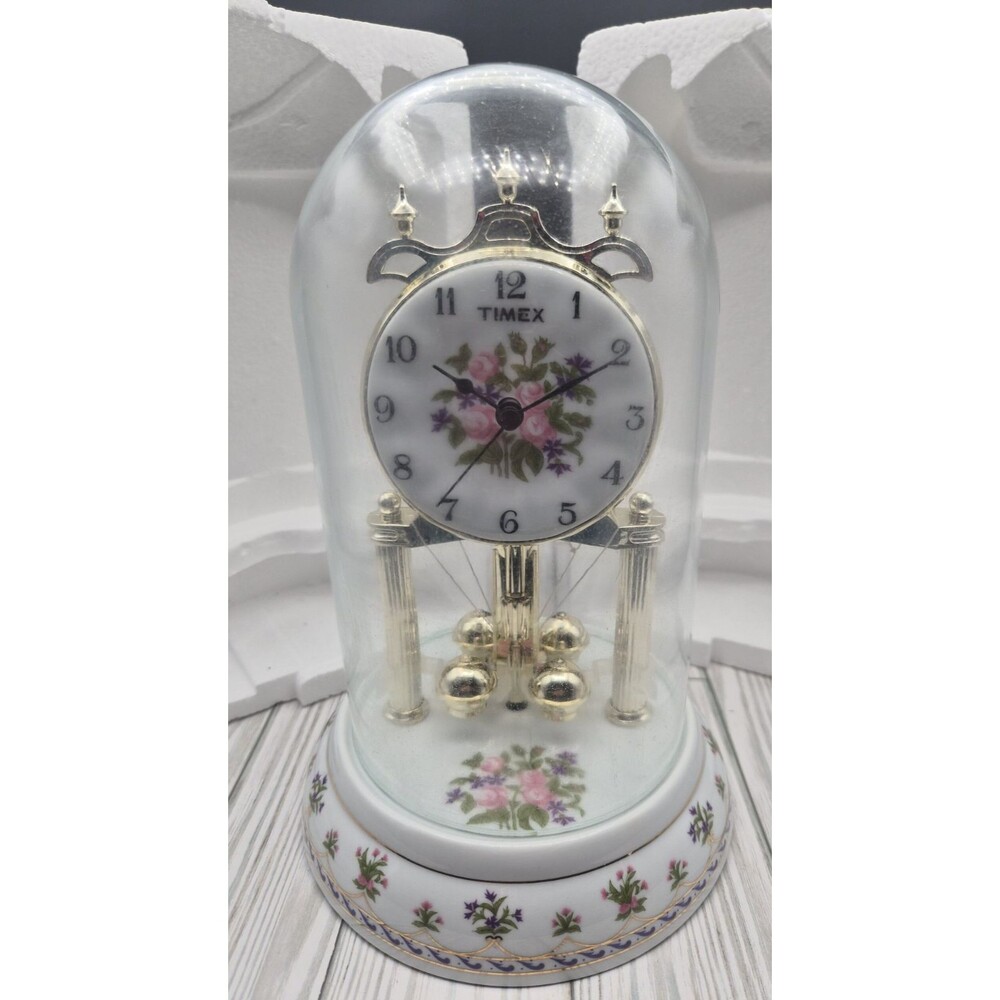 VTG 80s Timex Anniversary Glass Dome Mantle Clock Wildflower Porcelain Base Dial